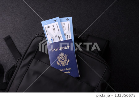 US passport, american visa for travel, document with tickets in travel bag. US passport 132350675