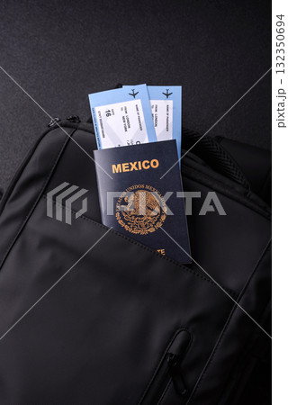 Passport Mexico, visa for travel, document with tickets in travel bag. Mexican passport Passport Mexico, visa for travel, document with tickets in travel bag. Mexican passport 132350694