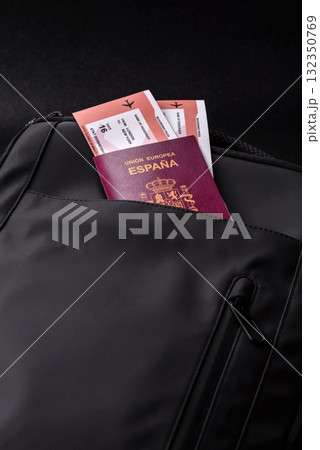 Passport Spain, visa for travel, document with tickets in travel bag. Spanish passport 132350769