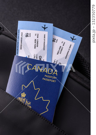 Passport Canada, visa for travel, document with tickets in travel bag. Canadian passport Passport Canada, visa for travel, document with tickets in travel bag. Canadian passport 132350779