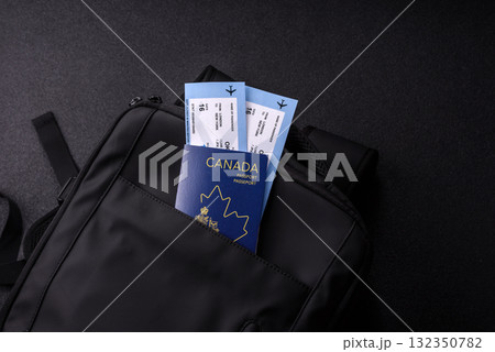 Passport Canada, visa for travel, document with tickets in travel bag. Canadian passport Passport Canada, visa for travel, document with tickets in travel bag. Canadian passport 132350782