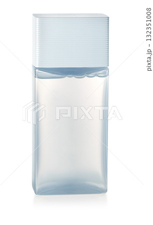 Skincare cosmetic bottle with clear liquid and light blue cap 132351008