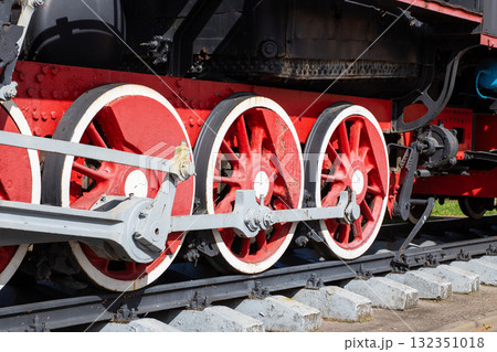 Close-up of Vintage Steam Locomotive Wheels and Mechanism Close-up of Vintage Steam Locomotive Wheels and Mechanism 132351018