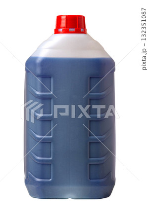 Blue plastic canister containing liquid with red cap 132351087