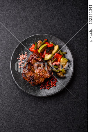 Pork breast steak, grilled fillet, healthy food, lunch. Pork steak as food background 132351341