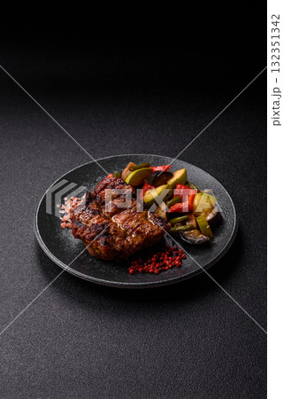 Pork breast steak, grilled fillet, healthy food, lunch. Pork steak as food background Pork breast steak, grilled fillet, healthy food, lunch. Pork steak as food background 132351342