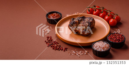 Pork breast steak, grilled fillet, healthy food, lunch. Pork steak as food background 132351353