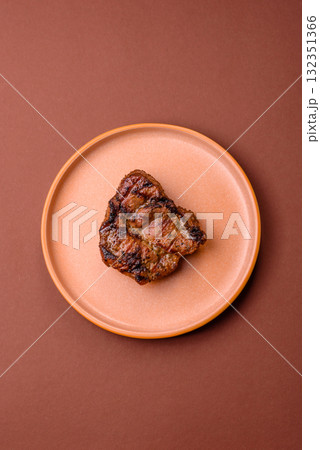Pork breast steak, grilled fillet, healthy food, lunch. Pork steak as food background 132351366