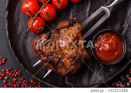 Pork breast steak, grilled fillet, healthy food, lunch. Pork steak as food background 132351388