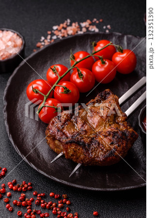 Pork breast steak, grilled fillet, healthy food, lunch. Pork steak as food background 132351390