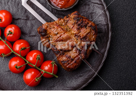 Pork breast steak, grilled fillet, healthy food, lunch. Pork steak as food background 132351392