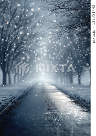 Vertical winter landscape with snow-covered trees above the alley and silver bokeh. Vertical winter landscape with snow-covered trees above the alley and silver bokeh. 132351442
