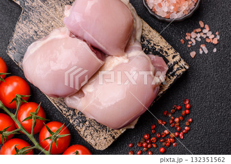 Chicken or turkey raw thigh fillet, skinless and boneless poultry meat. Chicken thigh fillet 132351562