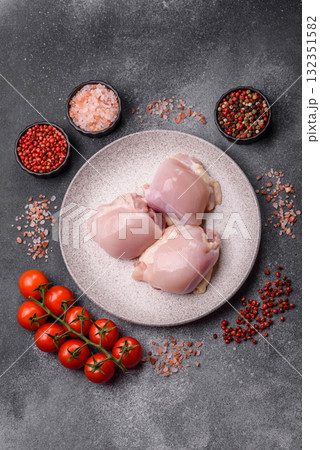 Chicken or turkey raw thigh fillet, skinless and boneless poultry meat. Chicken thigh fillet 132351582