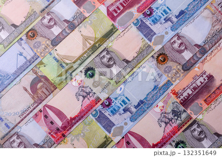 Bahrain paper money, dinar banknotes as currency for exchange or travel. Bahraini money 132351649