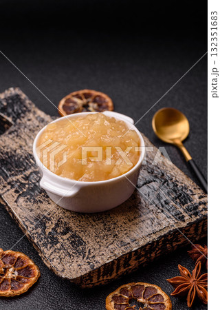 Apple sweet sauce, baby food, canned ingredient for desserts. Apple sauce 132351683