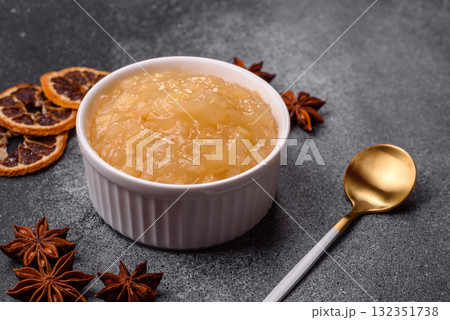 Apple sweet sauce, baby food, canned ingredient for desserts. Apple sauce 132351738