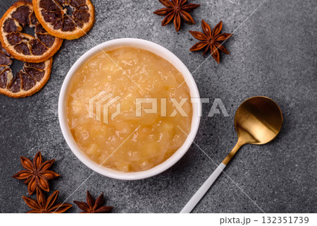 Apple sweet sauce, baby food, canned ingredient for desserts. Apple sauce Apple sweet sauce, baby food, canned ingredient for desserts. Apple sauce 132351739