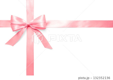 Pink satin bow and ribbon isolated on white background. Minimalist mockup for greeting cards, packaging and holiday design. 132352136