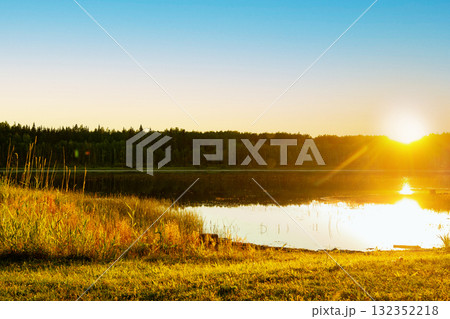 Beautiful scene at the lake in the woods, golden sunset light. 132352218