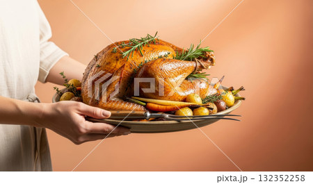 Woman holding a platter with a whole roasted turkey, garnished with rosemary, thyme, carrots, and potatoes, on a warm background. 132352258