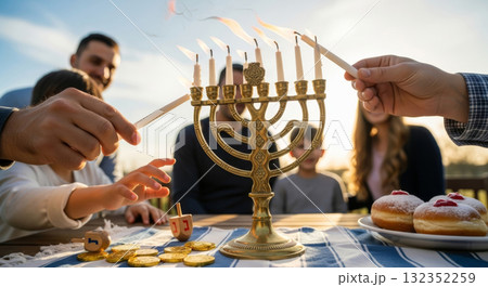 Happy Jewish family lighting the menorah candles outdoors, celebrating Hanukkah with sufganiyot and dreidels. 132352259