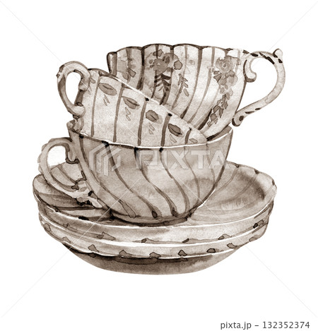 Vintage invitation card with retro design - tea cups in old sepia color Vintage invitation card with retro design - tea cups in old sepia color 132352374