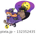ほうきに乗った魔女と黒猫のハロウィンイラスト 132352435