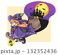 ほうきに乗った魔女と黒猫のハロウィンイラスト 132352436