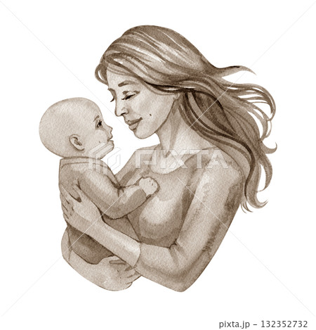 Mother holding a baby watercolor art Mother's Day illustration isolated on white background. Art for greeting card, sticker, wrapping 132352732