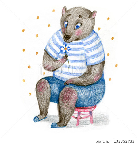 Happy Cute Fat Bear with daisy fall in love, color pancil hand drawn illustration 132352733