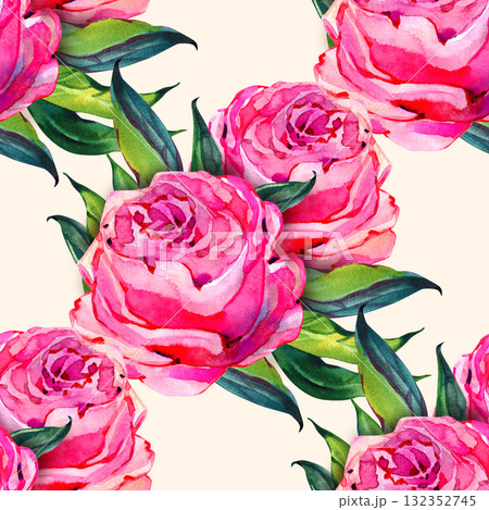 Seamless pattern with watercolor rose peony flowers, leaves. Floral background texture 132352745