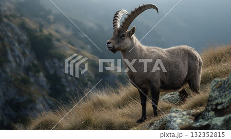 Alpine ibex with impressive curved horns standing on mountain slopes 132352815