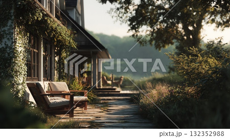 Serene countryside house with lush garden view 132352988