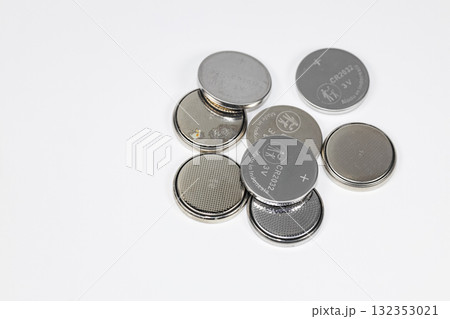 Variety of used Alkaline or lithium Battery or Button cell battery or coin cell isolated on white background. 132353021