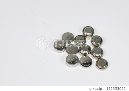 Variety of used Alkaline or lithium Battery or Button cell battery or coin cell isolated on white background. Variety of used Alkaline or lithium Battery or Button cell battery or coin cell isolated on white background. 132353022