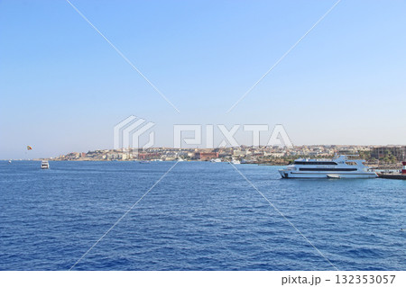 Panorama with view of central part of Hurghada. Tropical resort from sea Panorama with view of central part of Hurghada. Tropical resort from sea 132353057