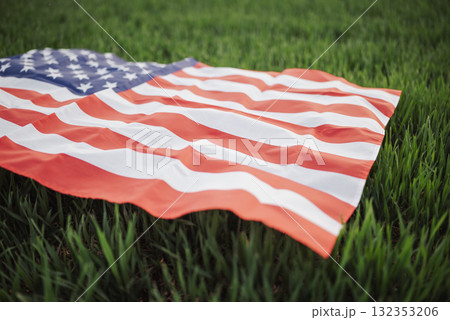 Flag of USA displayed on green winter wheat field in springtime. Toned image of vibrant USA flag waves over a lush winter wheat field, embodying spring and national pride 132353206