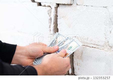 Building with a crack in wall. Man with dollar bills near the brick wall with big crack, concept of high price of repairing building Building with a crack in wall. Man with dollar bills near the brick wall with big crack, concept of high price of repairing building 132353257