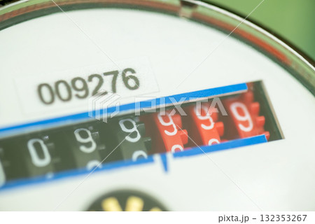 Digital mechanical water counter, with numbers on it, close up. Communal payments, counting the usage of water consumption concept 132353267