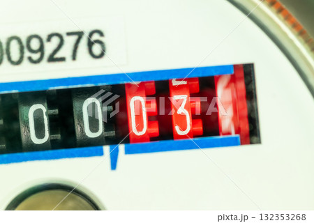 Fragment of the front panel of mechanical water counter, numbers on red and black field, close up. Concept of communal payments and consumption of water Fragment of the front panel of mechanical water counter, numbers on red and black field, close up. Concept of communal payments and consumption of water 132353268