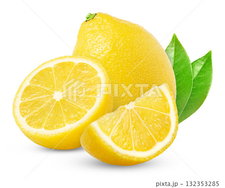Group of ripe yellow lemon citrus fruit with lemon half isolated on white background with clipping path 132353285
