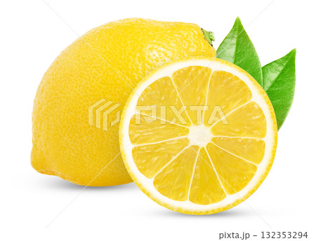 Lemon and cut in a slice isolated on white background with green leaf. Lemon and cut in a slice isolated on white background with green leaf. 132353294