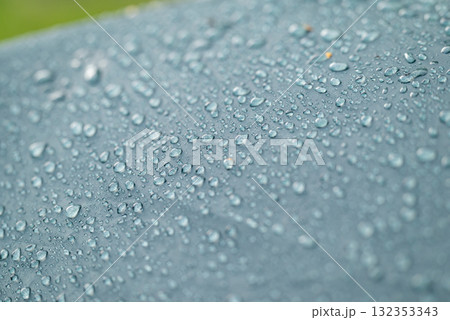 Close up of waterproof tent with water drops. Camping on nature in rainy weather 132353343