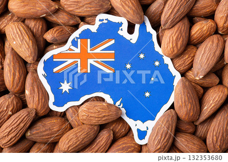 Map and flag of Australia on almonds. Origin of almond concept, growing nuts in Australia 132353680