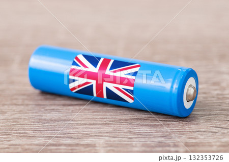 Rechargeable li-ion battery with flag of UK. Production of lithium batteries in United Kingdom Rechargeable li-ion battery with flag of UK. Production of lithium batteries in United Kingdom 132353726