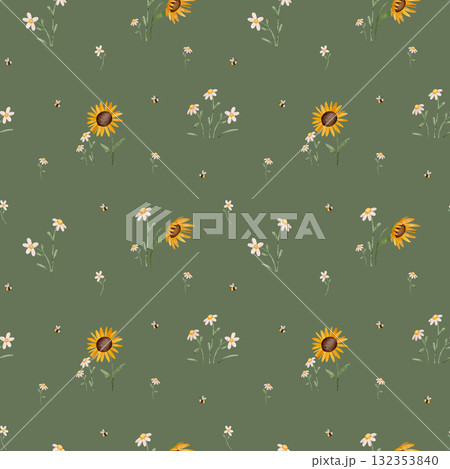 Seamless watercolor pattern with daisies, sunflowers, and bees. Hand-drawn floral and insect illustrations, perfect for children's textiles, nursery decor, and playful designs. Bright and cheerful. 132353840