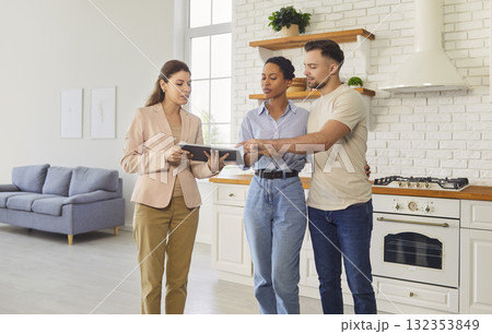 Consultation of couple with broker, real estate agent for home apartment purchase or lease planning 132353849