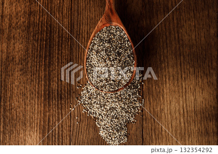 Wooden spoon with chia seeds close up Wooden spoon with chia seeds close up 132354292