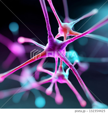 Colorful neuron with extended dendrites and axon, glowing against a dark background 132354425